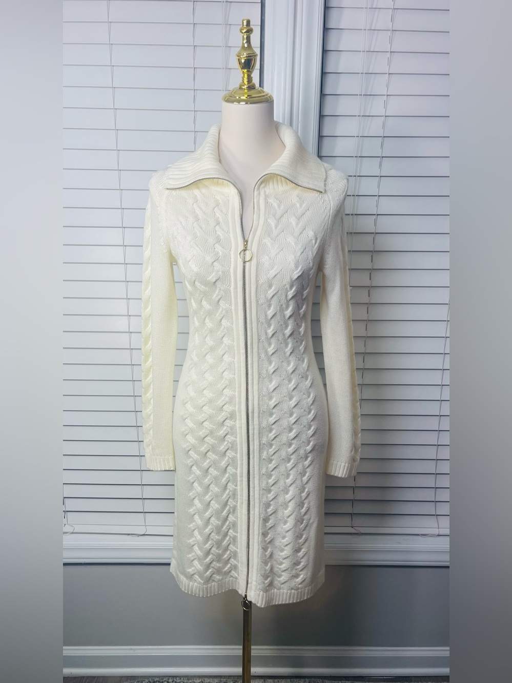 Calvin Klein Ivory Cable-Knit Zip-Front Sweater Dress